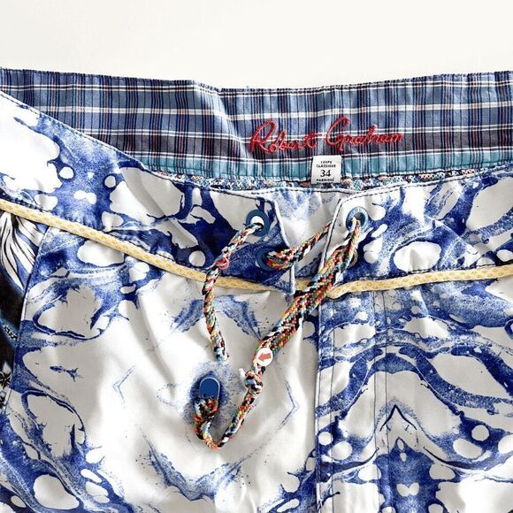 Robert Graham Mens Board Shorts Classic Fit Patterned Trunks Blue White Sz 34 - Picture 3 of 9